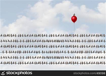 Concept to think different as a group of birds on a wire with an upward moving bird on a red balloon as a business success metaphor of oputsider thinking and game changer symbol with 3D illustration elements.