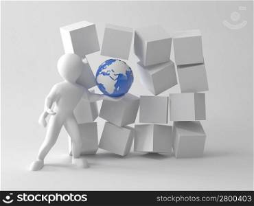 Concepts of uniqueness our Earth. Men with earth in boxes. 3d