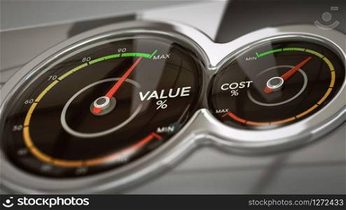 Conceptual 3D illustration of two dials with needles pointing high value and low cost, horizontal image. Concept of business analysis. Cost VS Value Analysis