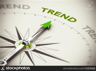 Conceptual 3D render image with depth of field blur effect. Compass needle pointing the green word trend over natural paper background. . Following the Trend Indicator