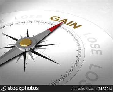 Conceptual 3D render of compass with needle pointing the word gain
