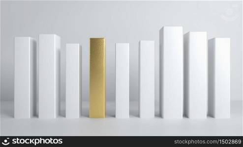 Conceptual abstract image of one golden domino brick among white blocks. 3D illustration.Concept of leadership, success and achievements in business and life.. Conceptual abstract image of one golden domino brick among white blocks. 3D render. Concept of leadership, success and achievements in business and life.