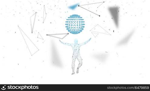 Conceptual abstract man. Connected lines, dots, triangles, particles. cience fiction scene. Artificial intelligence concept. High technology vector, digital background. 3D render vector illustration.. Conceptual abstract man. Connected lines, dots, triangles, particles on white background. Science fiction scene. Artificial intelligence concept. High technology vector, digital background. 3D render vector illustration.