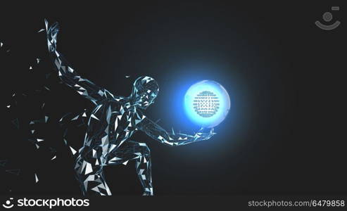 Conceptual abstract man with world globe. Connected lines, dots, triangles, particles. Artificial intelligence concept. High technology vector, digital background. 3D render vector illustration.. Conceptual abstract man with world globe. Connected lines, dots, triangles, particles on black background. Artificial intelligence concept. High technology vector, digital background. 3D render vector illustration