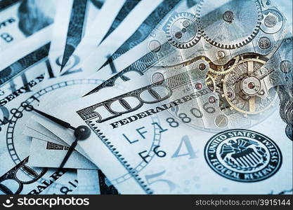 Conceptual background time costs money toned in blue. Conceptual background time costs money