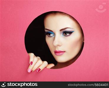 Conceptual beauty portrait of beautiful young woman. Perfect Manicure. Cosmetic Eyeshadows. Fashion photo