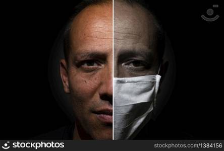Conceptual before and after shot of a senior Turkish adult who got infected with corona virus