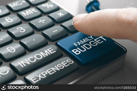 Conceptual calculator with income, expenses and a finger about to press family budget button. Composite image between a hand photography and a 3D background.. Calculate Family Budget, Household Budgeting, Income and Expenses.