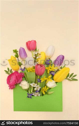 Conceptual Colorful Spring Flowers And Envelope