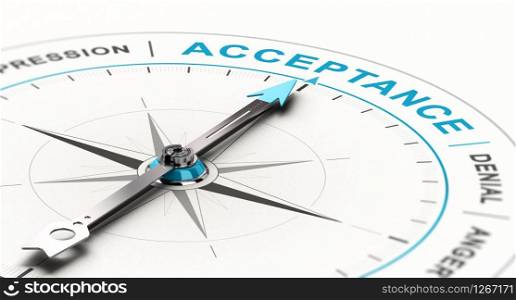 Conceptual compass with needle pointing the word acceptance. Concept of grief counseling. 3D illustration. Psychology Concept, Grief Counseling and Support, Process From Denial to Acceptance
