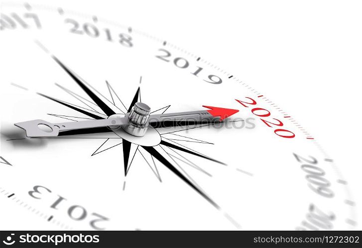 Conceptual compass with needle pointing the year 2020, black and red tones over white background. Concept image for illustration of future.. 2020, Two Thousand Twenty