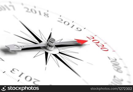 Conceptual compass with needle pointing the year 2020, black and red tones over white background. Concept image for illustration of future.. 2020, Two Thousand Twenty