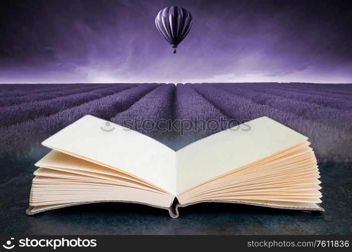 Conceptual composite open book image of Lavender field Summer sunset landscape with hot air balloon toned in monochrome