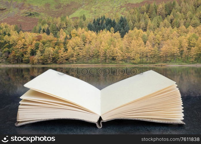 Conceptual composite open book image of stunning autumn fall landscape image of lake buttermere in lake district england