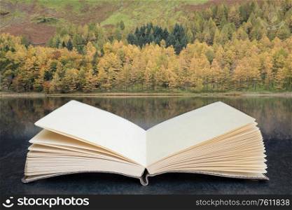 Conceptual composite open book image of stunning autumn fall landscape image of lake buttermere in lake district england
