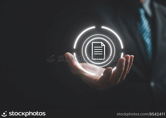 Conceptual illustration of a Document Management System  DMS  with a virtual screen and file icon. Streamline information management and archive efficiently with ERP. Corporate technology at its best.