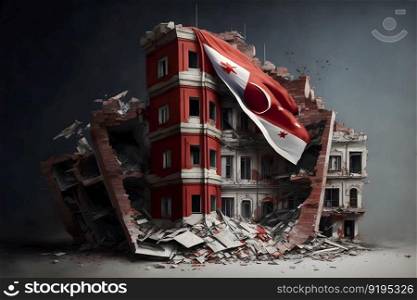 Conceptual illustration of multistorey building damaged in the earthquake with big Turkey flag. Neural network AI generated art. Conceptual illustration of multistorey building damaged in the earthquake with big Turkey flag. Neural network generated art