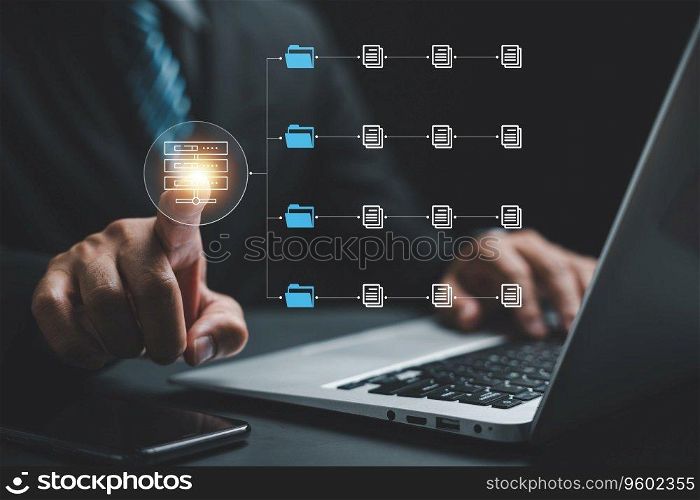 Conceptual image, Businesswoman pointing to a virtual modern screen with Document Management System  DMS . Streamlined file archiving and efficient information management. Internet-powered technology.
