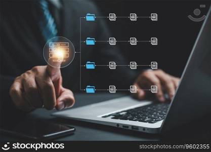 Conceptual image, Businesswoman pointing to a virtual modern screen with Document Management System  DMS . Streamlined file archiving and efficient information management. Internet-powered technology.