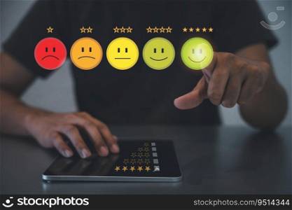 Conceptual image of a businessman using a virtual screen to assess customer satisfaction and service quality by pointing to the highest level smiley face icon, ensuring positive feedback