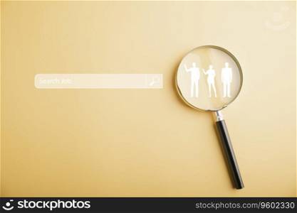 Conceptual image of a magnifying glass focused on job search, representing the quest to find the perfect career. Exploring vacancies and opportunities in an interconnected world. job search