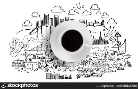 Conceptual image of cup of coffee with business sketches at background