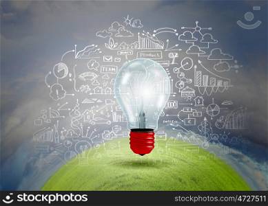Conceptual image of light bulb on wall with sketches of ideas. Brigth ideas