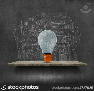 Conceptual image of light bulb on wall with sketches of ideas. Brigth ideas