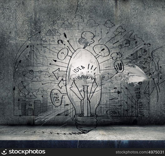 Conceptual image of light bulb on wall with sketches of ideas. Brigth ideas