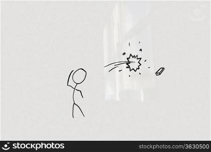 Conceptual image of stick figure breaking glass through eraser