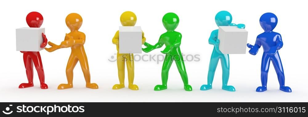 Conceptual image of teamwork. Men with boxes. 3d