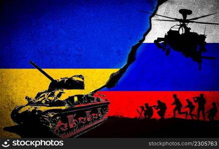 Conceptual image of war between Russia and Ukraine with Silhouette tank and helicopter on cracked wall with national flag background