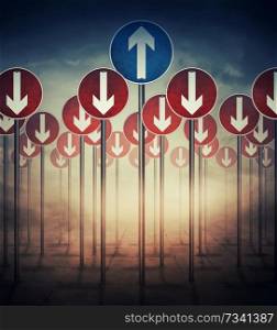 Conceptual image with a lot of road signs directed down and one arrow going up. Strategic journey, difficult dilemma, life decision.