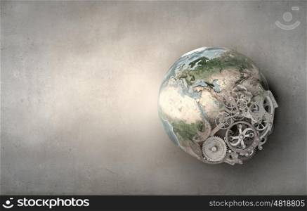 Conceptual image with Earth planet made of gears. Elements of this image are furnished by NASA. Mechanisms of our planet