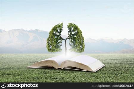 Conceptual image with green tree growing from book. Reading and self education