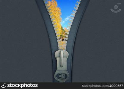 Conceptual image with opening zipper and blue sky. Environmental concept