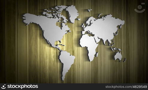 Conceptual image with world map on wooden wall. World map