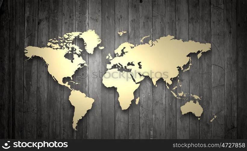 Conceptual image with world map on wooden wall. World map