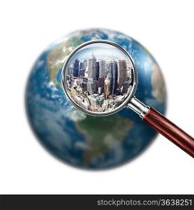 Conceptual mini planet with skyscrapers on it under a magnifying glass. Elements of this image are furnished by NASA