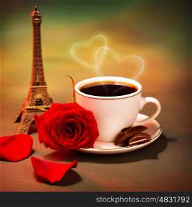 Conceptual photo of romantic trip to France, beautiful morning in Paris, food still life, cup of coffee with piece of chocolate and fresh red rose on the table in cafe, honeymoon travel, Valentine day