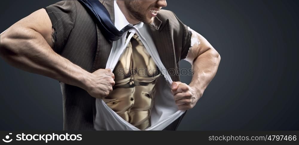 Conceptual picture of a man with glossy golden chest