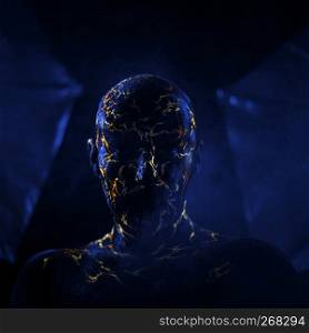 Conceptual Portrait of a man painted in fluorescent UV colors and looks like Neon lava. Man's Face Painted in Neon UV Lava