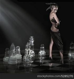 Conceptual portrait of an elegant woman standing on the chess board