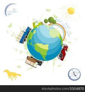 Conceptual scenery with green planet and transportation elements, isolated and grouped objects over white background