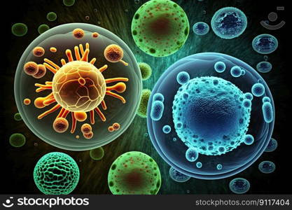 Conceptual scientific background. Microscopic colorful viruses. Generative AI