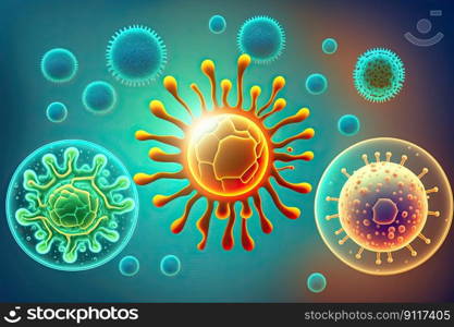 Conceptual scientific background. Microscopic colorful viruses. Generative AI