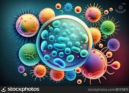 Conceptual scientific background. Microscopic colorful viruses. Generative AI