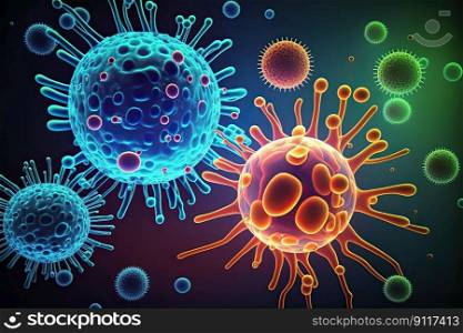 Conceptual scientific background. Microscopic colorful viruses. Generative AI