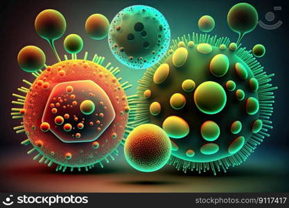 Conceptual scientific background. Microscopic colorful viruses. Generative AI