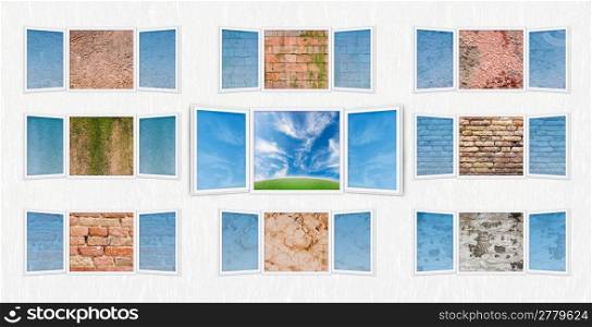 Conceptual shot of freedom and dreaming with the central window open on a beautiful paysage and the surrounding windows close to different ugly walls (textures).